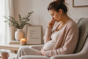 Kobieta w ciąży po stracie siedząca zamyślona w domu
