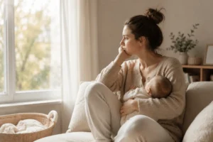 Samotność po porodzie – mama z niemowlęciem siedząca przy oknie.